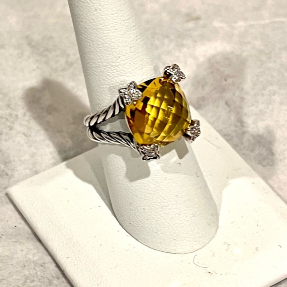 David Yurman Lemon Citrine Ring 925 Silver 15mm Cushion on Point Diamonds Sz 7.5 - Picture 3 of 9